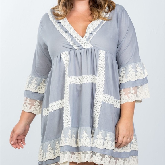 Grey Boho Lace Crochet Trim Dress - Picture 2 of 5